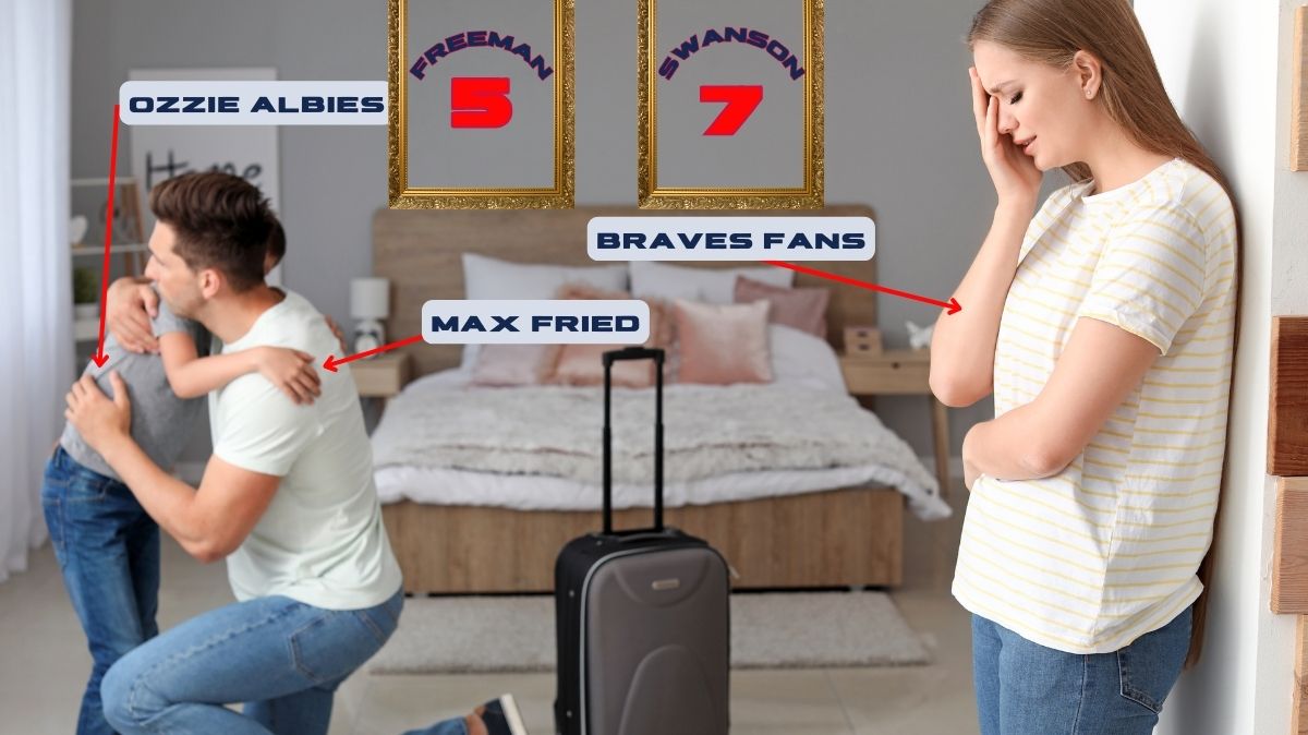 A grown man has a suitcase packed and his saying goodbye to his family. The image is comparing the scene to Max Fried saying goodbye to the Atlanta Braves. It also labels the husband, wife, and child in the image. The man is Max Fried, the wife is Braves fans, and the small child is Ozzie Albies. There are framed pictures in the background representing previously departed free agents Freddie Freeman and Dansby Swanson.